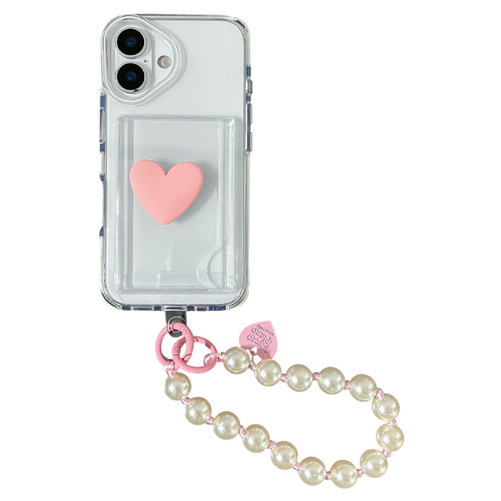 (Iphone 16, ) For Iphone 16 Case Card Holder Transparent Pc+Tpu Shockproof Phone Cover With Beaded Wrist Strap White 6914284931216