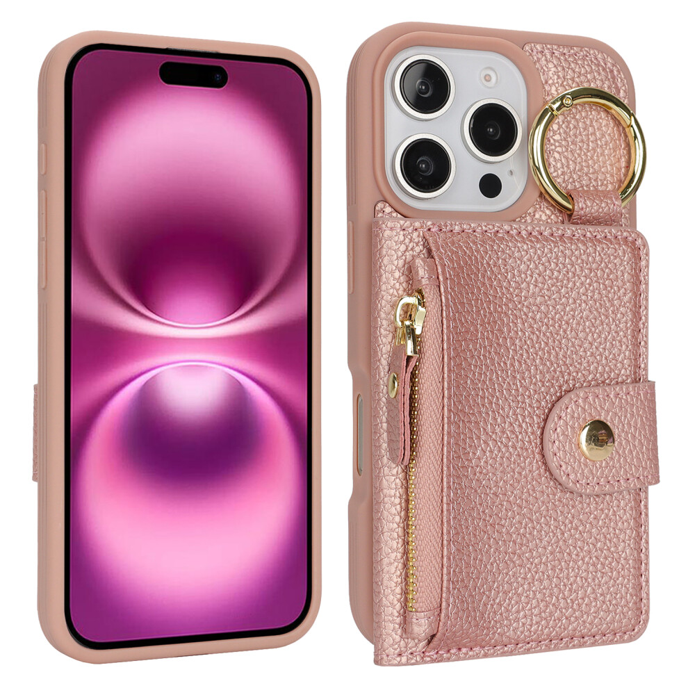 (Iphone 16 Pro, ) For Iphone 16 Pro Case Litchi Textured Pu Leather+Tpu Kickstand Phone Cover With Card Slot Pink 6914282875215