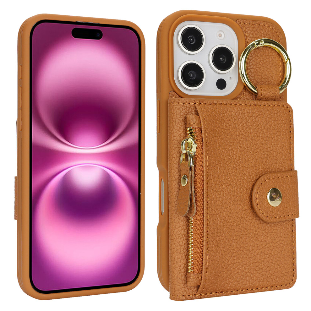 (Iphone 16 Pro, ) For Iphone 16 Pro Case Litchi Textured Pu Leather+Tpu Kickstand Phone Cover With Card Slot Brown 6914280503097
