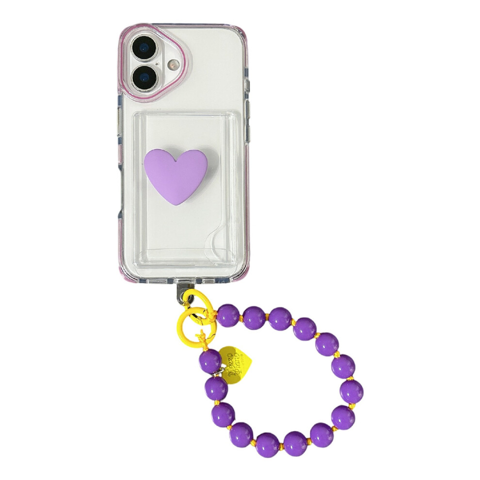(Iphone 16, Plum) For Iphone 16 Case Card Holder Transparent Pc+Tpu Shockproof Phone Cover With Beaded Wrist Strap Purple 6914284008697