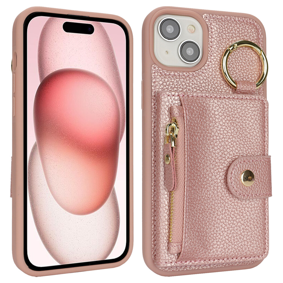 (Iphone 15, ) For Iphone 15 Case Litchi Textured Pu Leather+Tpu Kickstand Phone Cover With Card Slot Pink 6914289475104