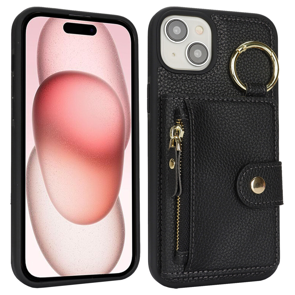 (Iphone 15, ) For Iphone 15 Case Litchi Textured Pu Leather+Tpu Kickstand Phone Cover With Card Slot Black 6914283244966