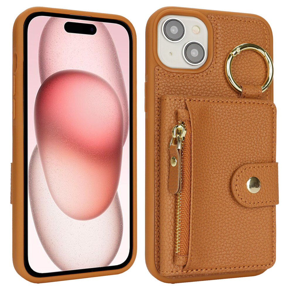 (Iphone 15, ) For Iphone 15 Case Litchi Textured Pu Leather+Tpu Kickstand Phone Cover With Card Slot Brown 6914280645056