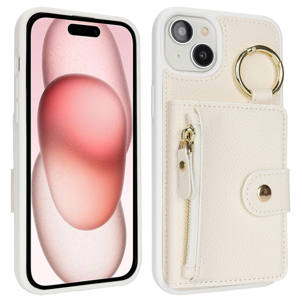 (Iphone 15, ) For Iphone 15 Case Litchi Textured Pu Leather+Tpu Kickstand Phone Cover With Card Slot White 6914286741356