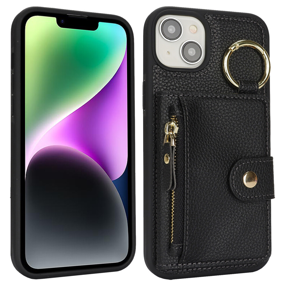 (Iphone 14, ) For Iphone 14/13 Case Litchi Textured Pu Leather+Tpu Kickstand Phone Cover With Card Slot Black 6914284200084