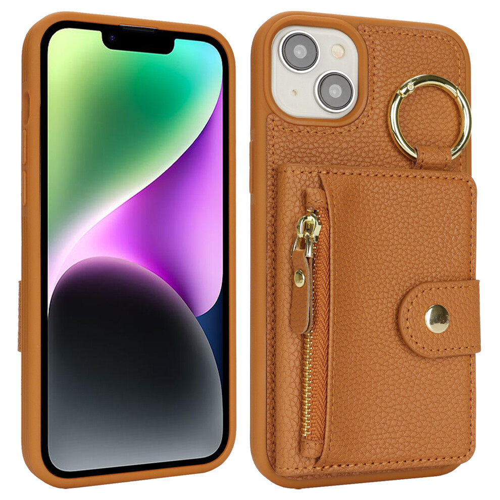 (Iphone 14, ) For Iphone 14/13 Case Litchi Textured Pu Leather+Tpu Kickstand Phone Cover With Card Slot Brown 6914282033172