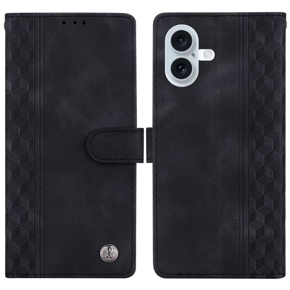 (Iphone 16, ) For Iphone 16 Leather Case Imprinted Checkered Pattern Wallet Stand Flip Phone Cover Black 6914286980557
