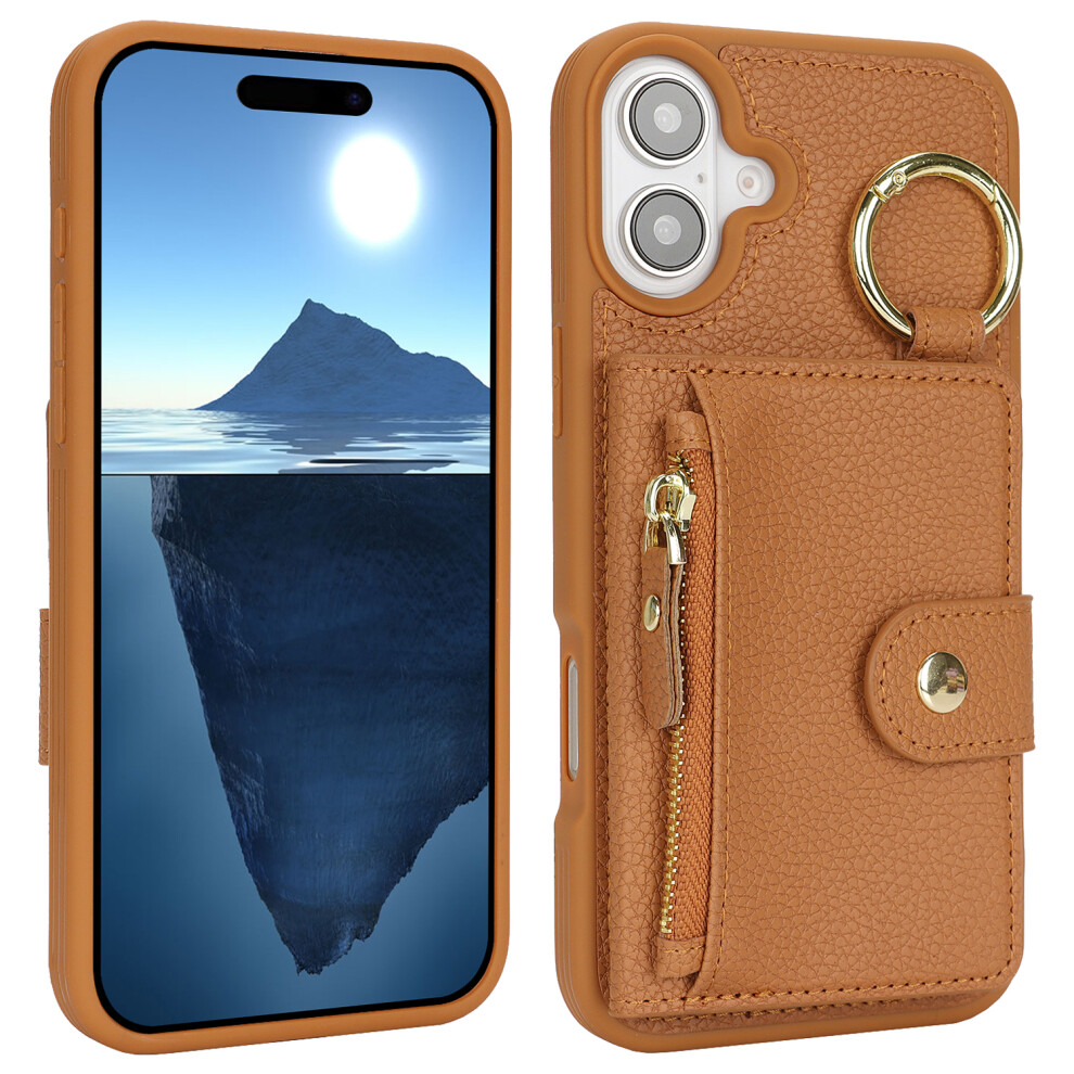 (Iphone 16 Plus, ) For Iphone 16 Plus Case Litchi Textured Pu Leather+Tpu Kickstand Phone Cover With Card Slot Brown 6914289147544