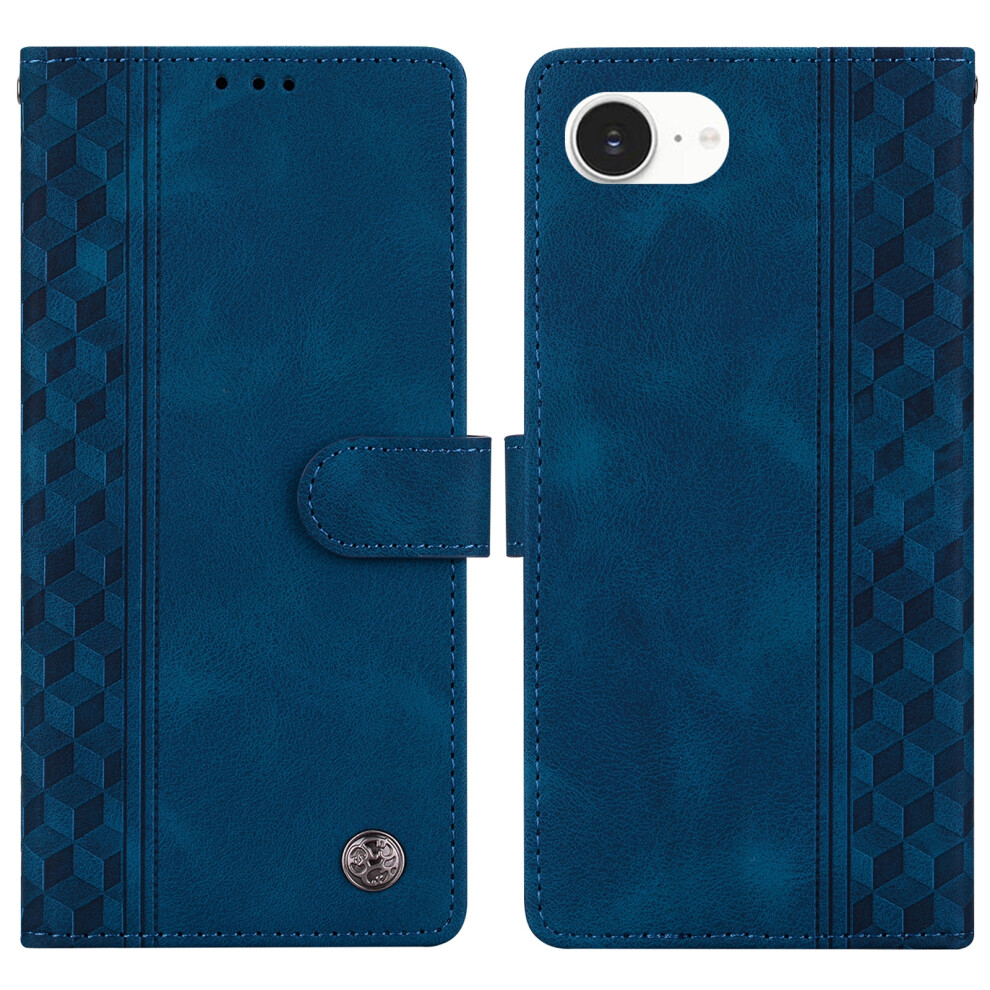 (Iphone 16E, ) For Iphone 16E Leather Case Imprinted Checkered Pattern Wallet Stand Flip Phone Cover Blue 6914282553472