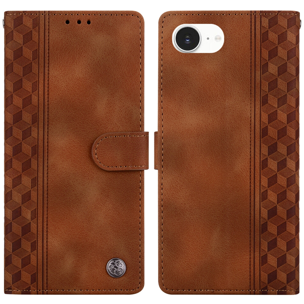 (Iphone 16E, ) For Iphone 16E Leather Case Imprinted Checkered Pattern Wallet Stand Flip Phone Cover Brown 6914281596593