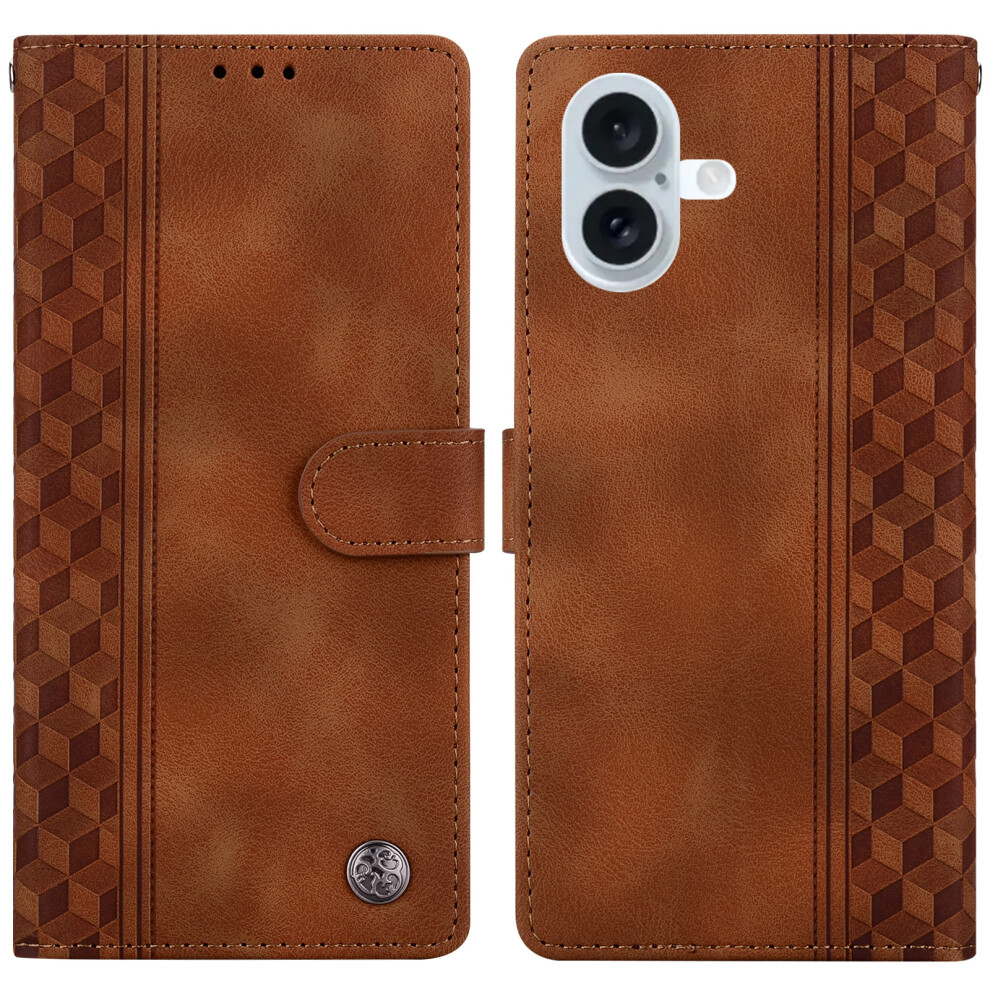 (Iphone 16, ) For Iphone 16 Leather Case Imprinted Checkered Pattern Wallet Stand Flip Phone Cover Brown 6914284156657