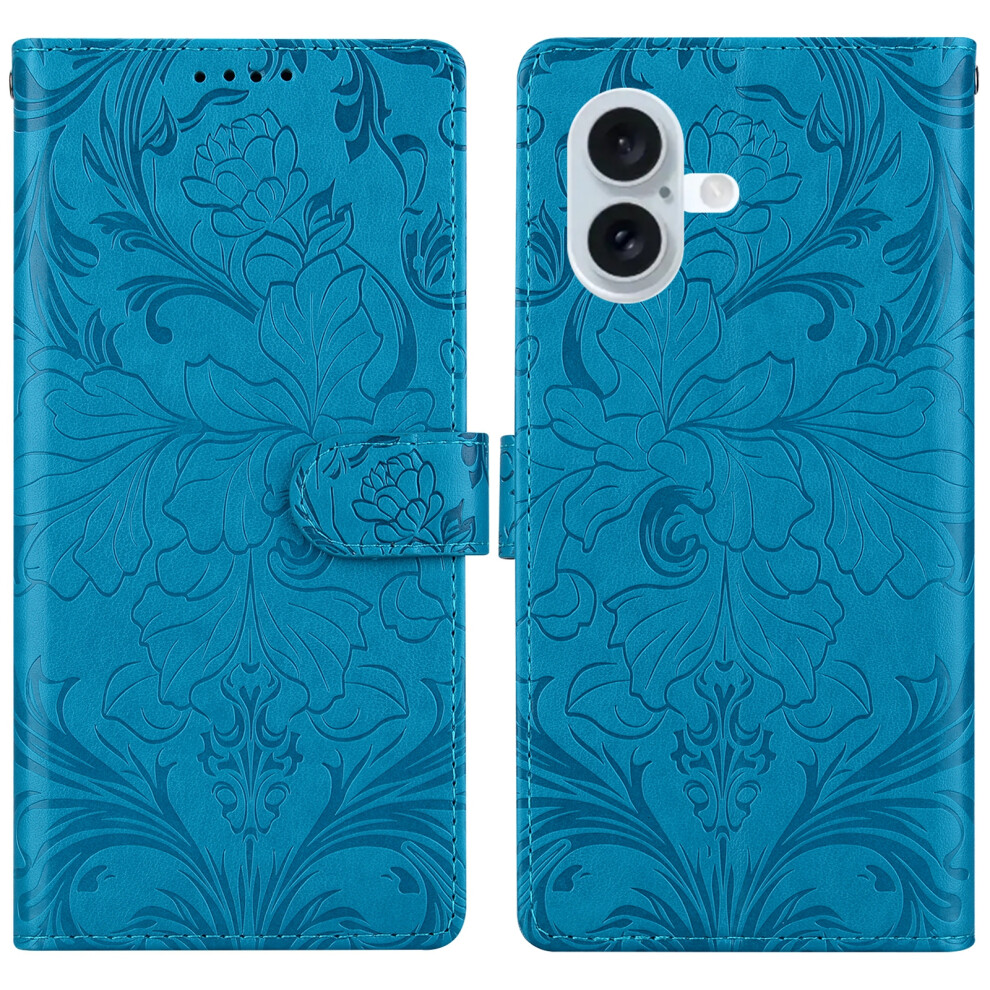 (Iphone 16, ) For Iphone 16 Leather Case Imprinted Floral Pattern Wallet Stand Flip Phone Cover Blue 6914283689842