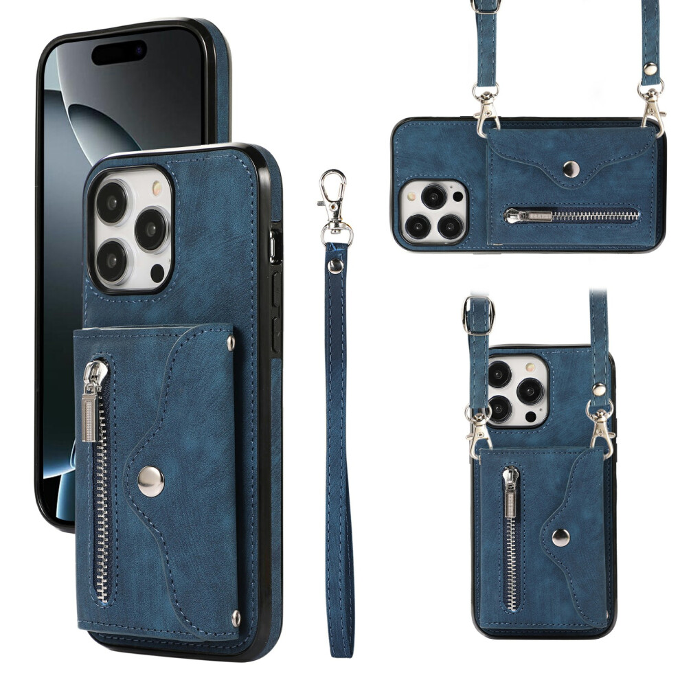 (Iphone 16 Pro, ) For Iphone 16 Pro Cell Phone Case Pu Leather+Tpu Rfid Blocking Card Slots Cover With 2 Straps Blue 6914288660969