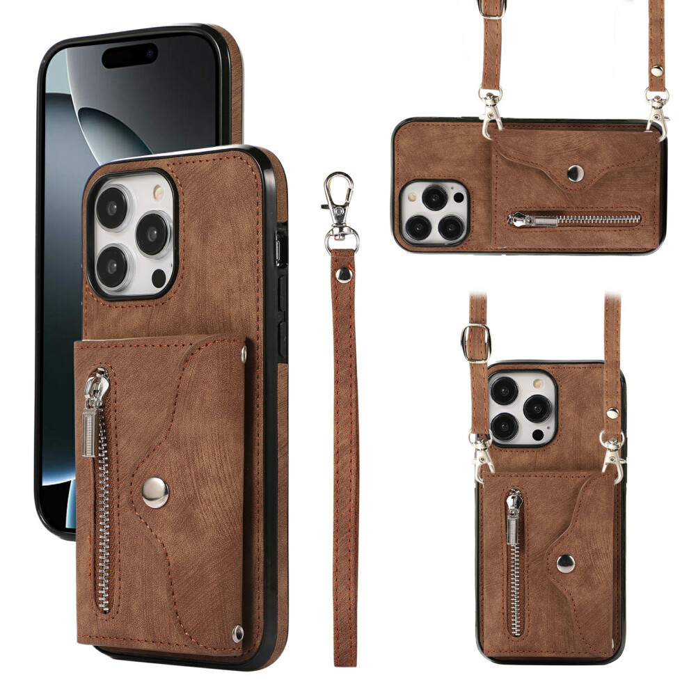 (Iphone 16 Pro, ) For Iphone 16 Pro Cell Phone Case Pu Leather+Tpu Rfid Blocking Card Slots Cover With 2 Straps Brown 6914285072918