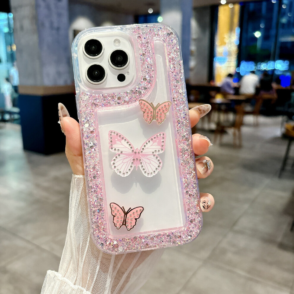 (Iphone 16 Pro, ) For Iphone 16 Pro Case With 3 Butterflies Decor Glitter Rhinestone Epoxy Design Tpu Phone Cover Pink 6914284788728