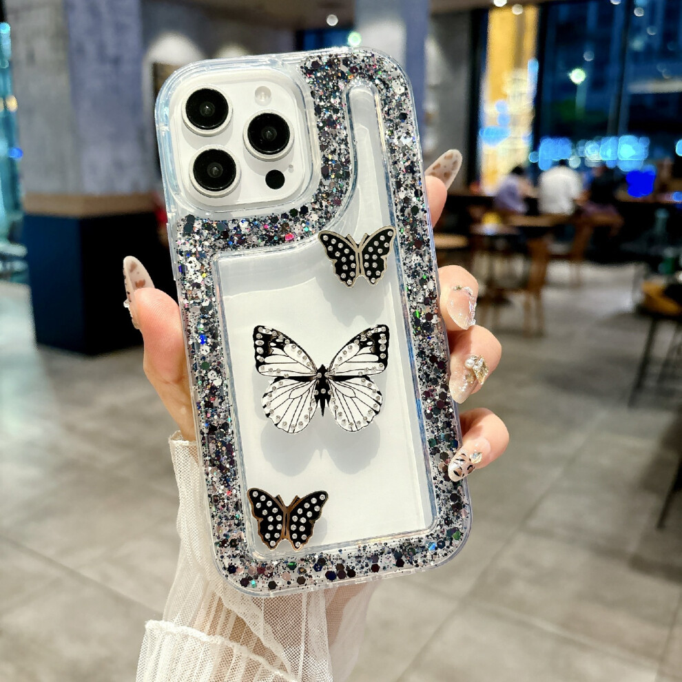 (Iphone 16 Pro, ) For Iphone 16 Pro Case With 3 Butterflies Decor Glitter Rhinestone Epoxy Design Tpu Phone Cover Black 6914288376778