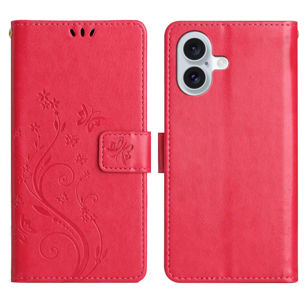 (Iphone 17, ) For Iphone 17 Leather Wallet Case Butterfly Flower Imprinted Phone Cover With Strap Red 6914287466913