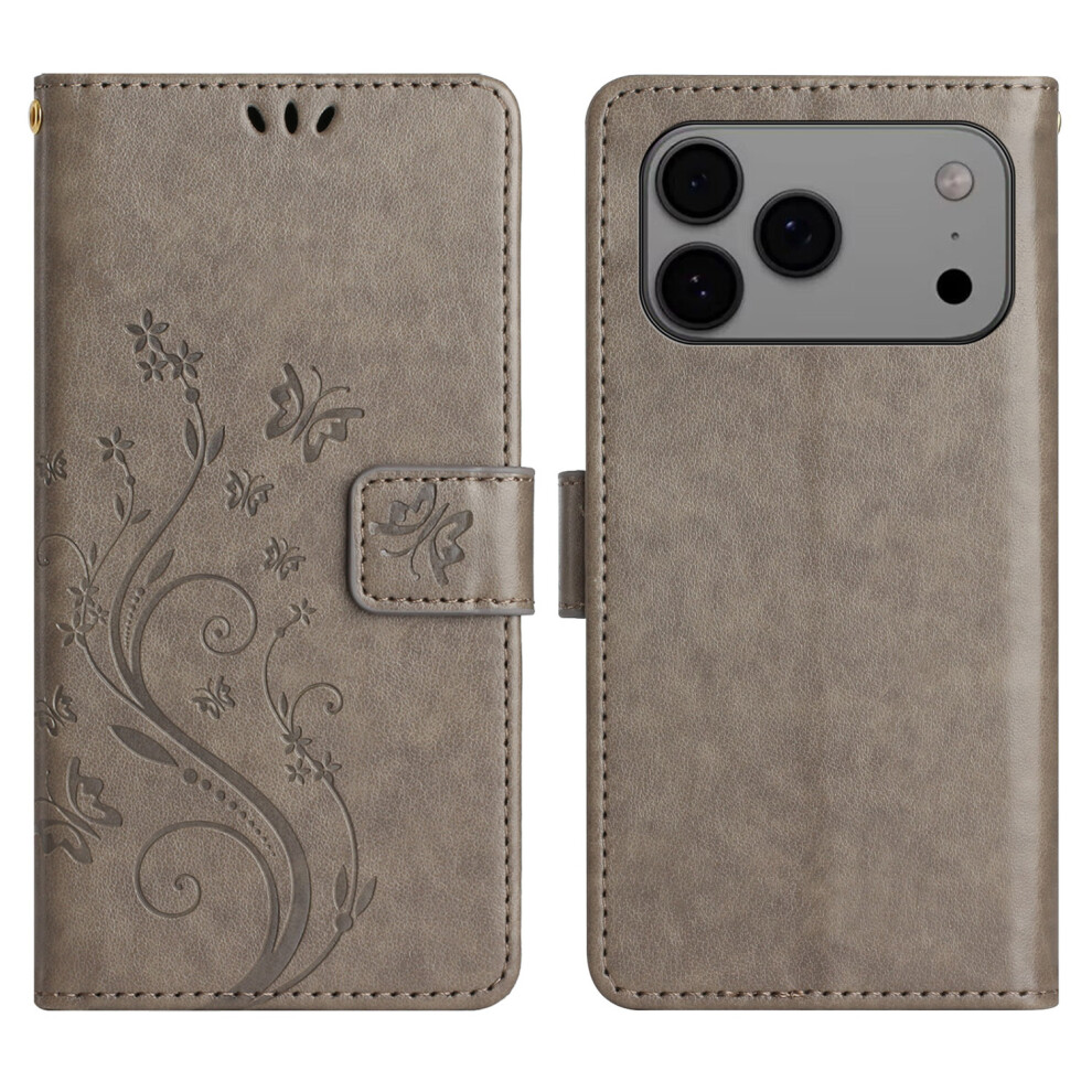 (Iphone 17 Pro Max, ) For Iphone 17 Pro Max Leather Wallet Case Butterfly Flower Imprinted Phone Cover With Strap Grey 6914284733322