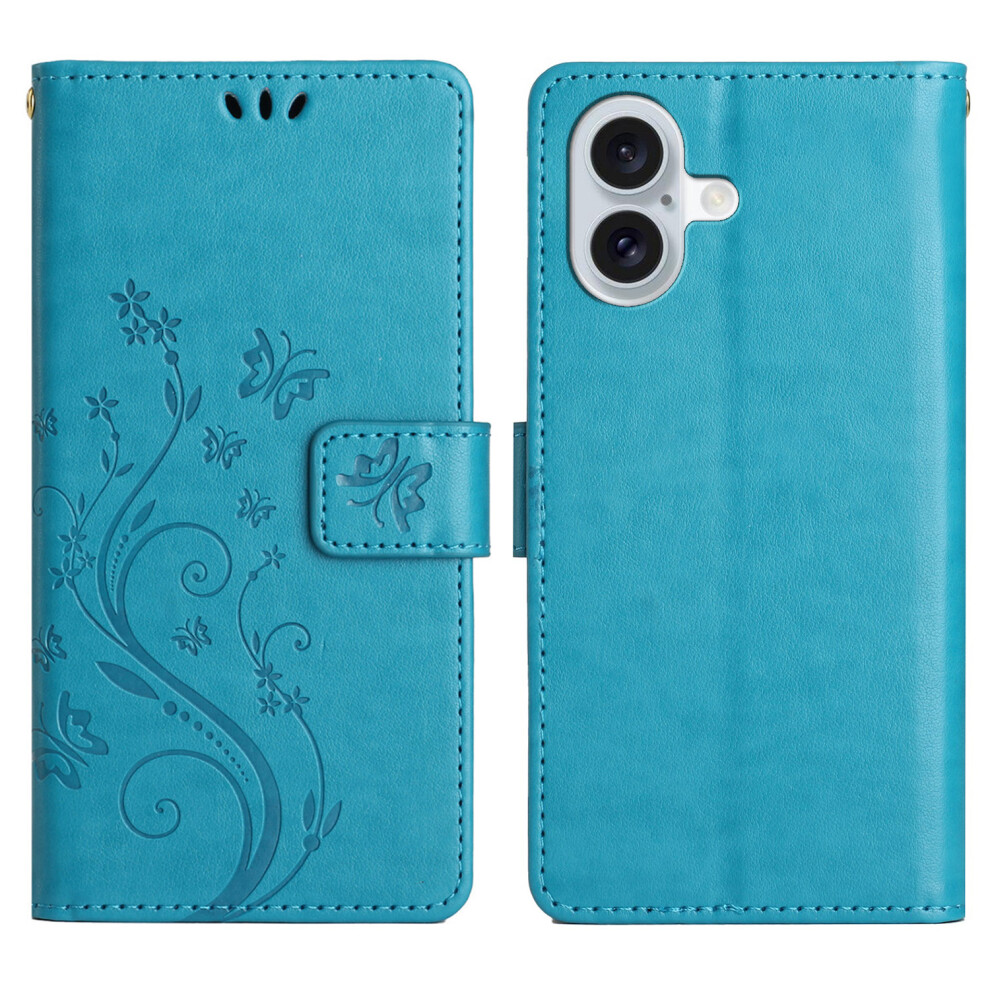 (Iphone 17, ) For Iphone 17 Leather Wallet Case Butterfly Flower Imprinted Phone Cover With Strap Blue 6914289385861