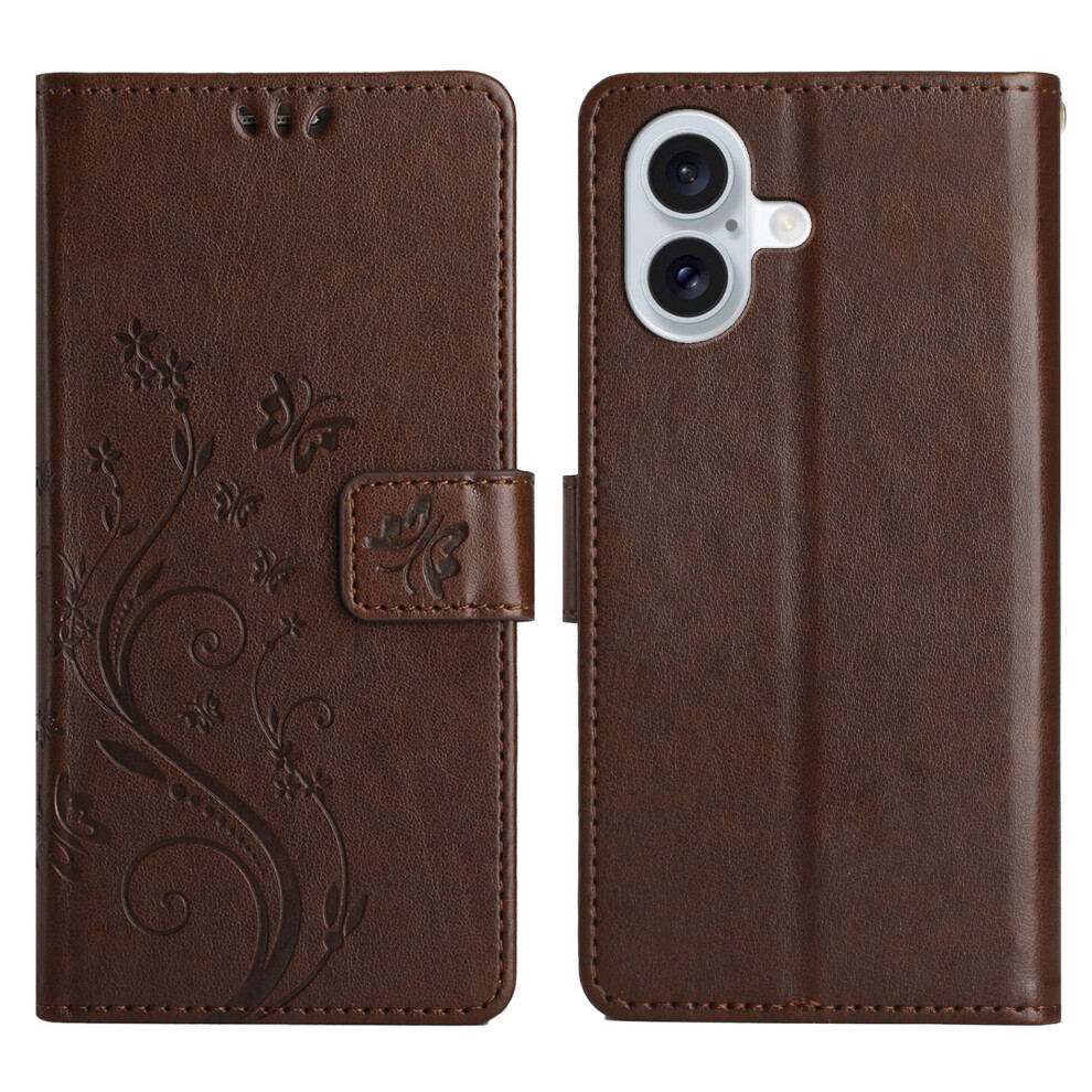 (Iphone 17, ) For Iphone 17 Leather Wallet Case Butterfly Flower Imprinted Phone Cover With Strap Brown 6914280920344