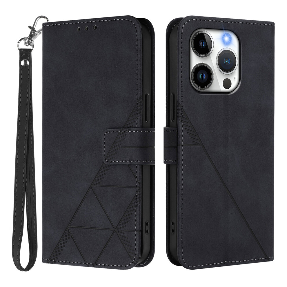 (Iphone 15 Pro, ) For Iphone 15 Pro Leather Case With Hand Strap Wallet Stand Phone Cover Black 6914282758327