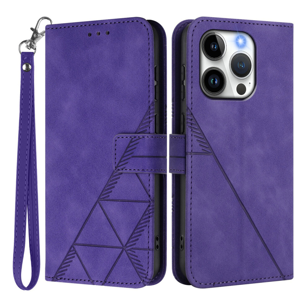 (Iphone 15 Pro, ) For Iphone 15 Pro Leather Case With Hand Strap Wallet Stand Phone Cover Purple 6914289237634