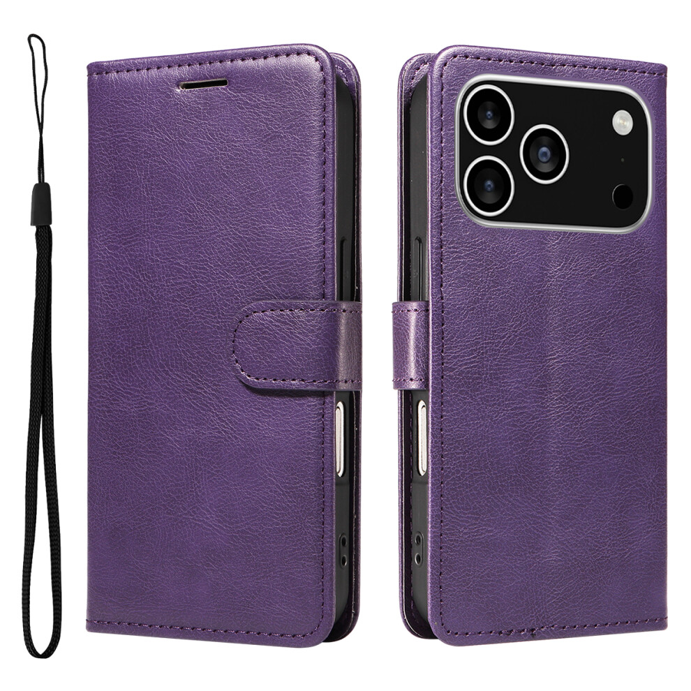 (Iphone 17 Pro, ) For Iphone 17 Pro Leather Wallet Case With Strap Solid Color Phone Stand Cover Purple 6914286693990