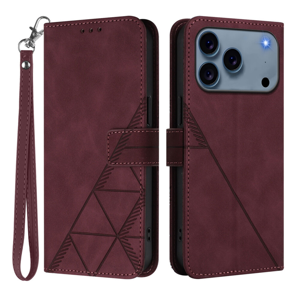 (Iphone 17 Pro, Wine ) For Iphone 17 Pro Leather Case With Hand Strap Wallet Stand Phone Cover Red 6914281920619