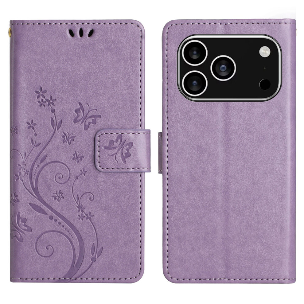 (Iphone 17 Pro, Light ) For Iphone 17 Pro Leather Wallet Case Butterfly Flower Imprinted Phone Cover With Strap Purple 6914281668665