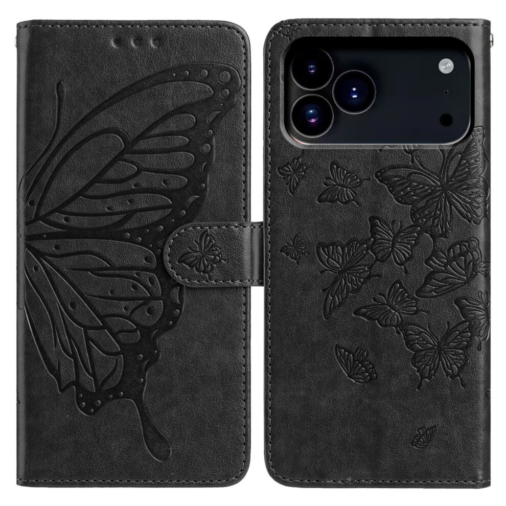 (Iphone 17 Pro, ) For Iphone 17 Pro Case Butterfly Imprinted Wallet Stand Pu Leather Flip Phone Cover With Strap Black 6914287877580