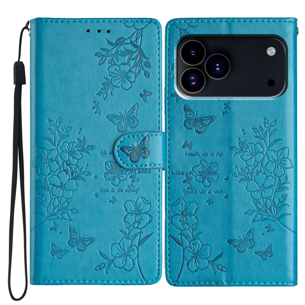 (Iphone 17 Pro Max, ) For Iphone 17 Pro Max Wallet Phone Case Butterfly Floral Imprint Leather Flip Cover With Strap Blue 6914280817651