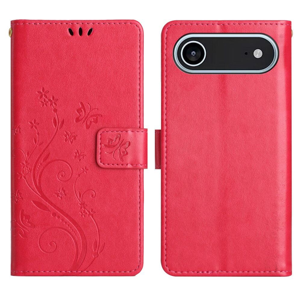 (Iphone Air, ) For Iphone Air Leather Wallet Case Butterfly Flower Imprinted Phone Cover With Strap Red 6914280693637