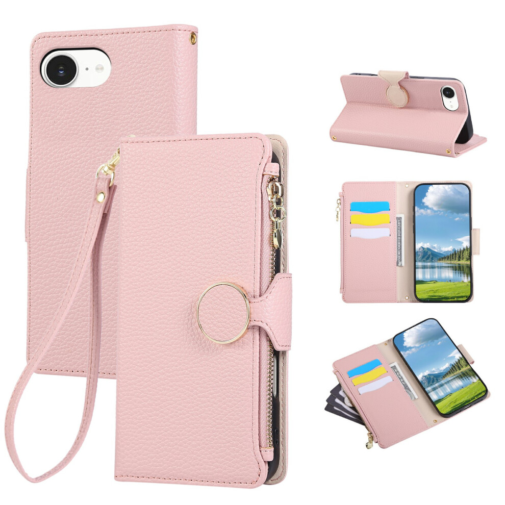 (Iphone 16E, ) For Iphone 16E Case Zipper Wallet Leather Phone Cover With Wrist Strap Pink 6914284549527