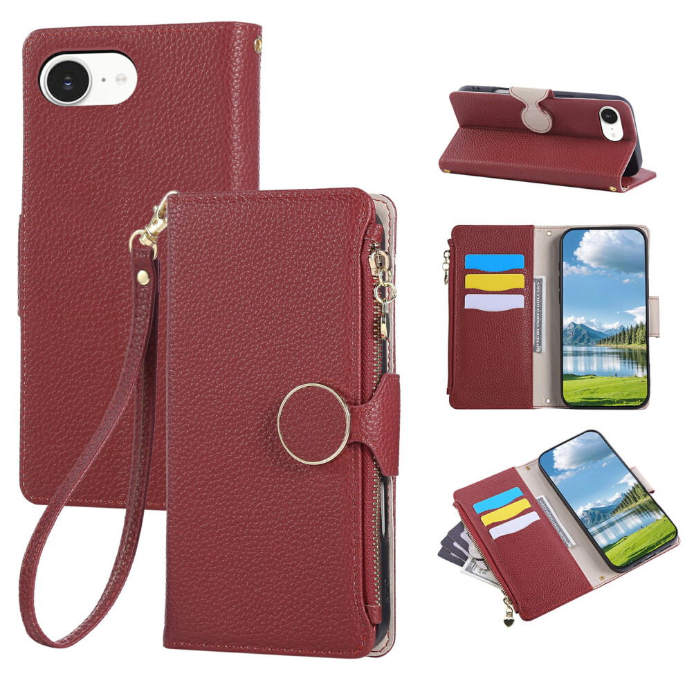 (Iphone 16E, Wine ) For Iphone 16E Case Zipper Wallet Leather Phone Cover With Wrist Strap Red 6914282597681