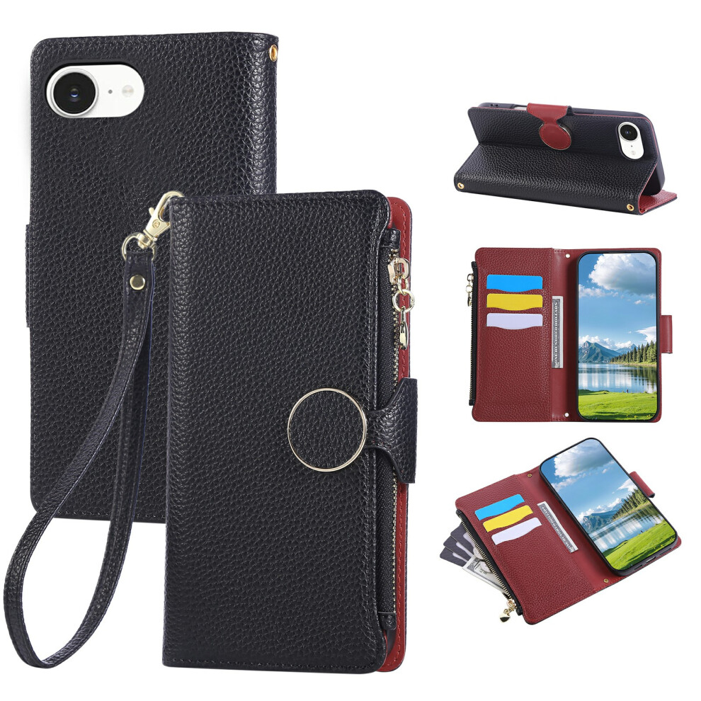 (Iphone 16E, ) For Iphone 16E Case Zipper Wallet Leather Phone Cover With Wrist Strap Black 6914280961477