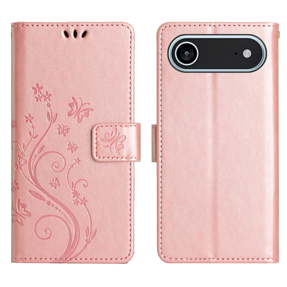 (Iphone Air, Rose ) For Iphone Air Leather Wallet Case Butterfly Flower Imprinted Phone Cover With Strap Gold 6914285650888