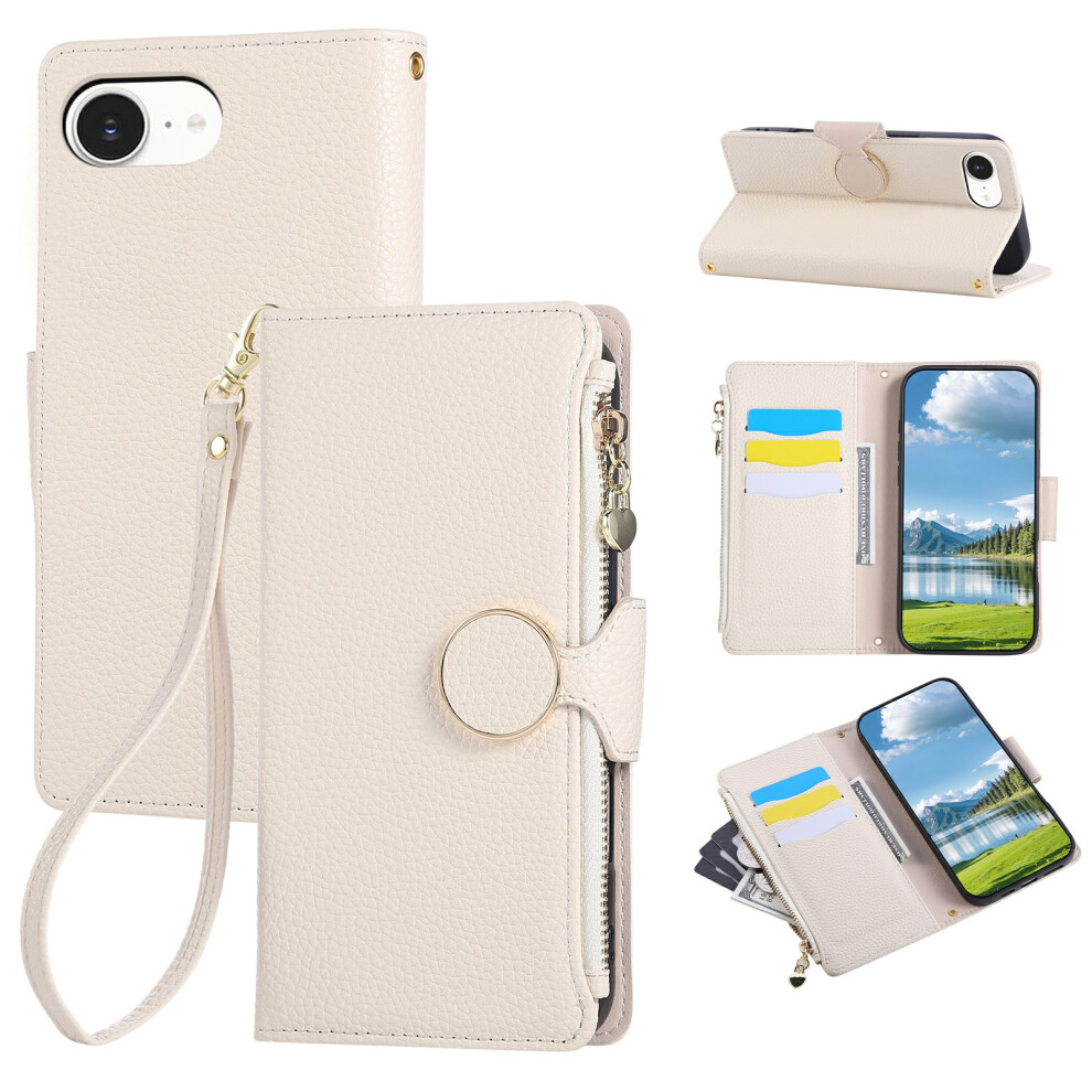 (Iphone 16E, Beige) For Iphone 16E Case Zipper Wallet Leather Phone Cover With Wrist Strap Cream 6914289009637