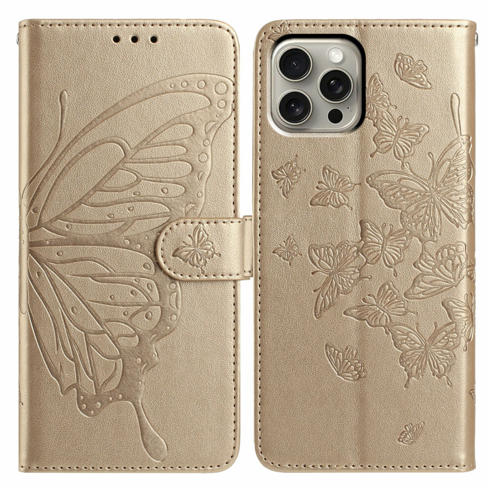 (Iphone 15 Pro, ) For Iphone 15 Pro Case Butterfly Imprinted Wallet Stand Pu Leather Flip Phone Cover With Strap Gold 6914286499257