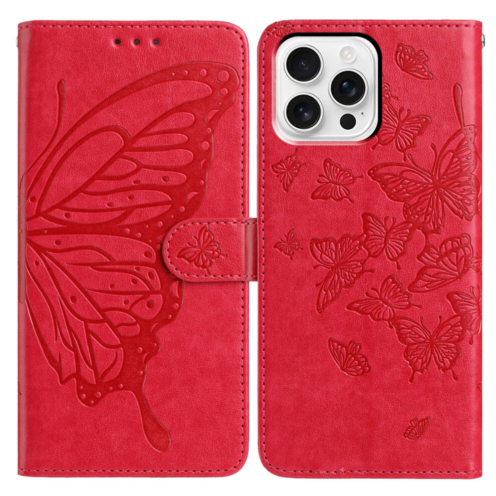 (Iphone 16 Pro, ) For Iphone 16 Pro Case Butterfly Imprinted Wallet Stand Pu Leather Flip Phone Cover With Strap Red 6914282006138