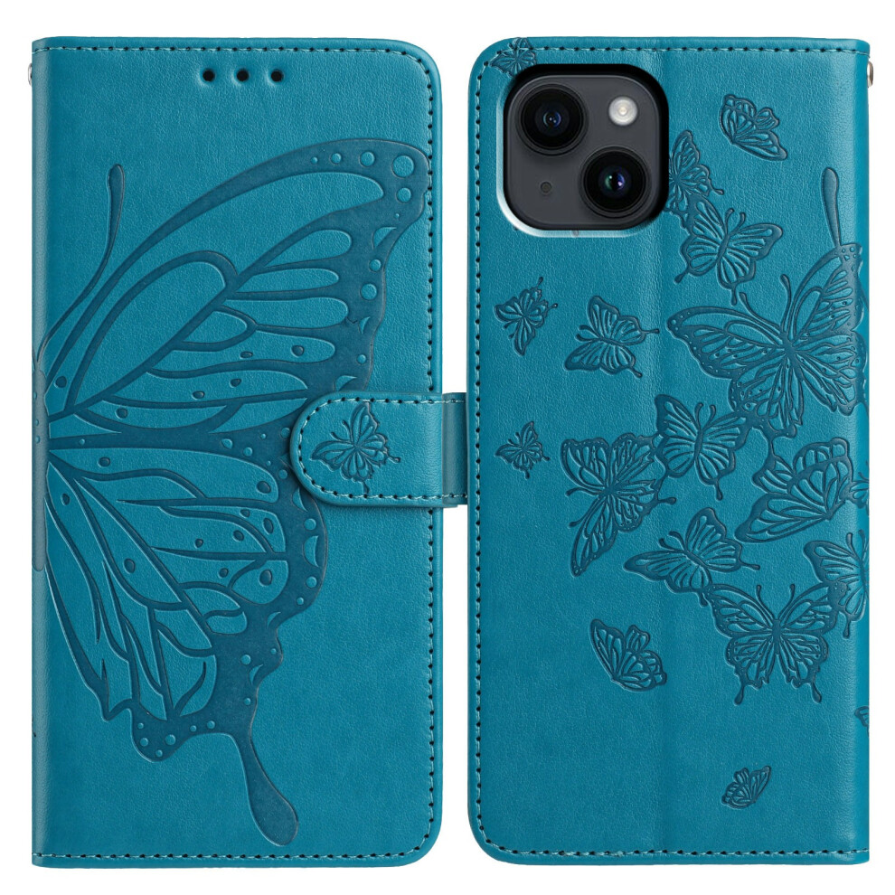 (Iphone 14, ) For Iphone 14 Case Butterfly Imprinted Wallet Stand Pu Leather Flip Phone Cover With Strap Blue 6914282845881