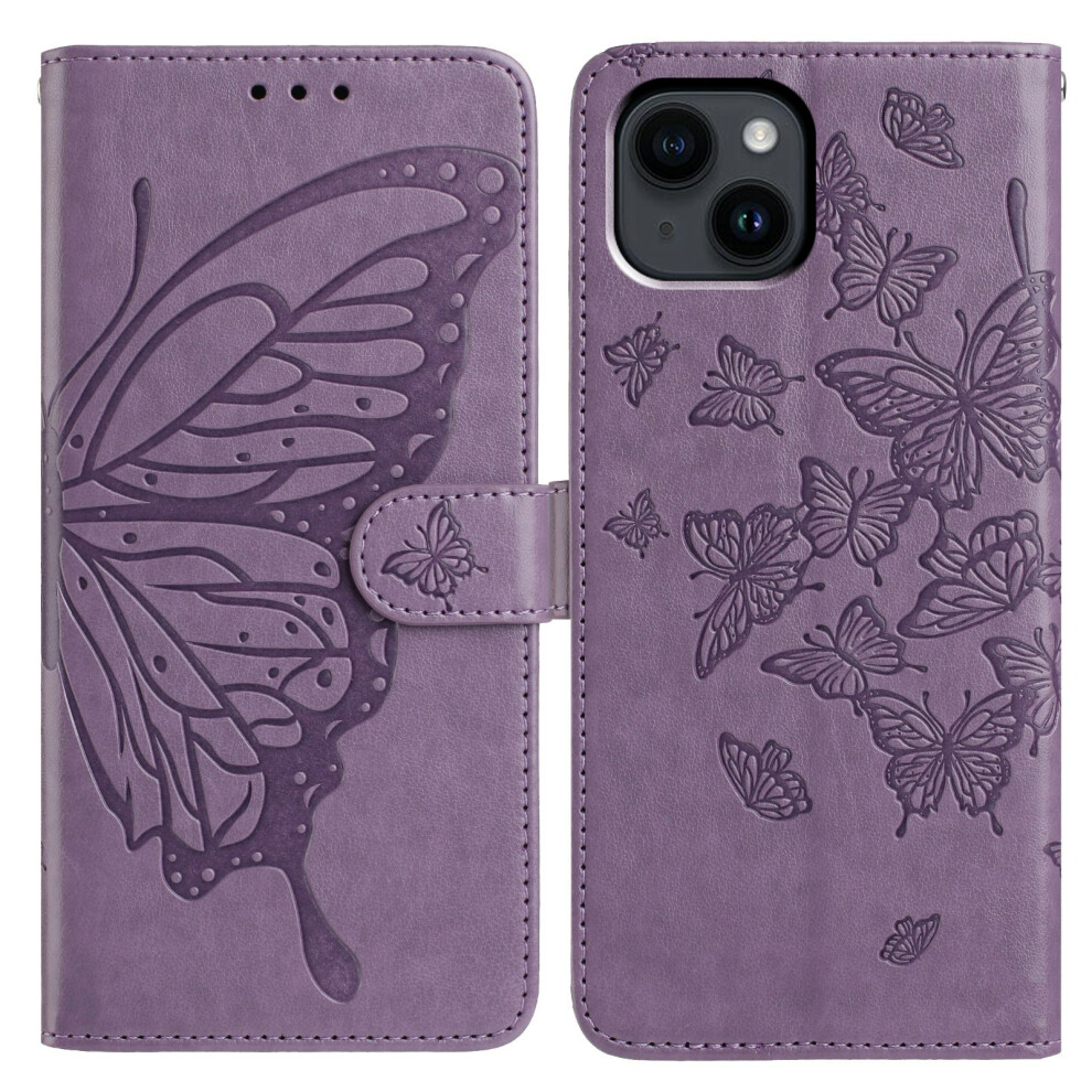 (Iphone 14, ) For Iphone 14 Case Butterfly Imprinted Wallet Stand Pu Leather Flip Phone Cover With Strap Purple 6914283816286