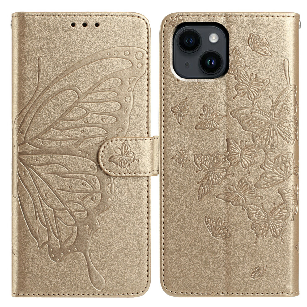 (Iphone 14, ) For Iphone 14 Case Butterfly Imprinted Wallet Stand Pu Leather Flip Phone Cover With Strap Gold 6914286682468