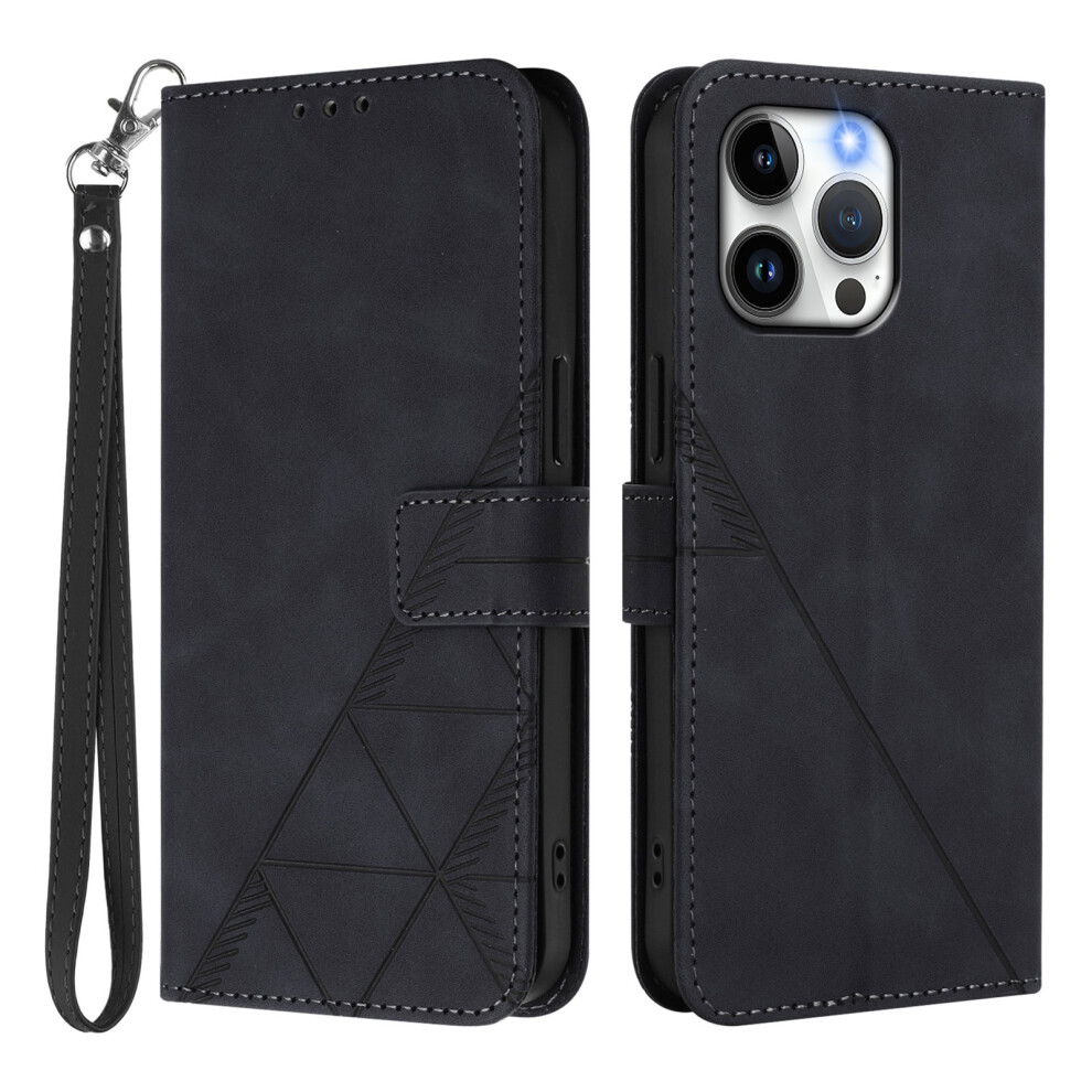 (Iphone 15 Pro Max, ) For Iphone 15 Pro Max Leather Case With Hand Strap Wallet Stand Phone Cover Black 6914285857331