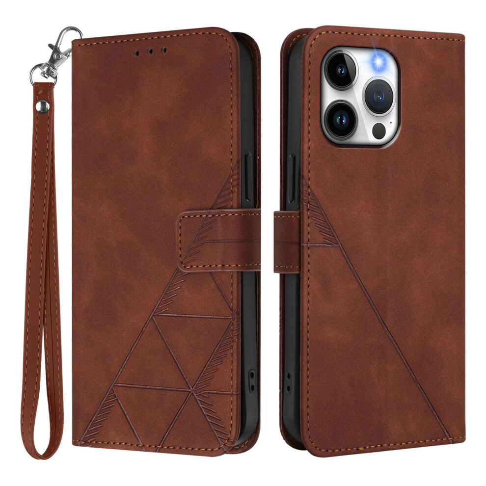 (Iphone 15 Pro Max, ) For Iphone 15 Pro Max Leather Case With Hand Strap Wallet Stand Phone Cover Brown 6914284677862