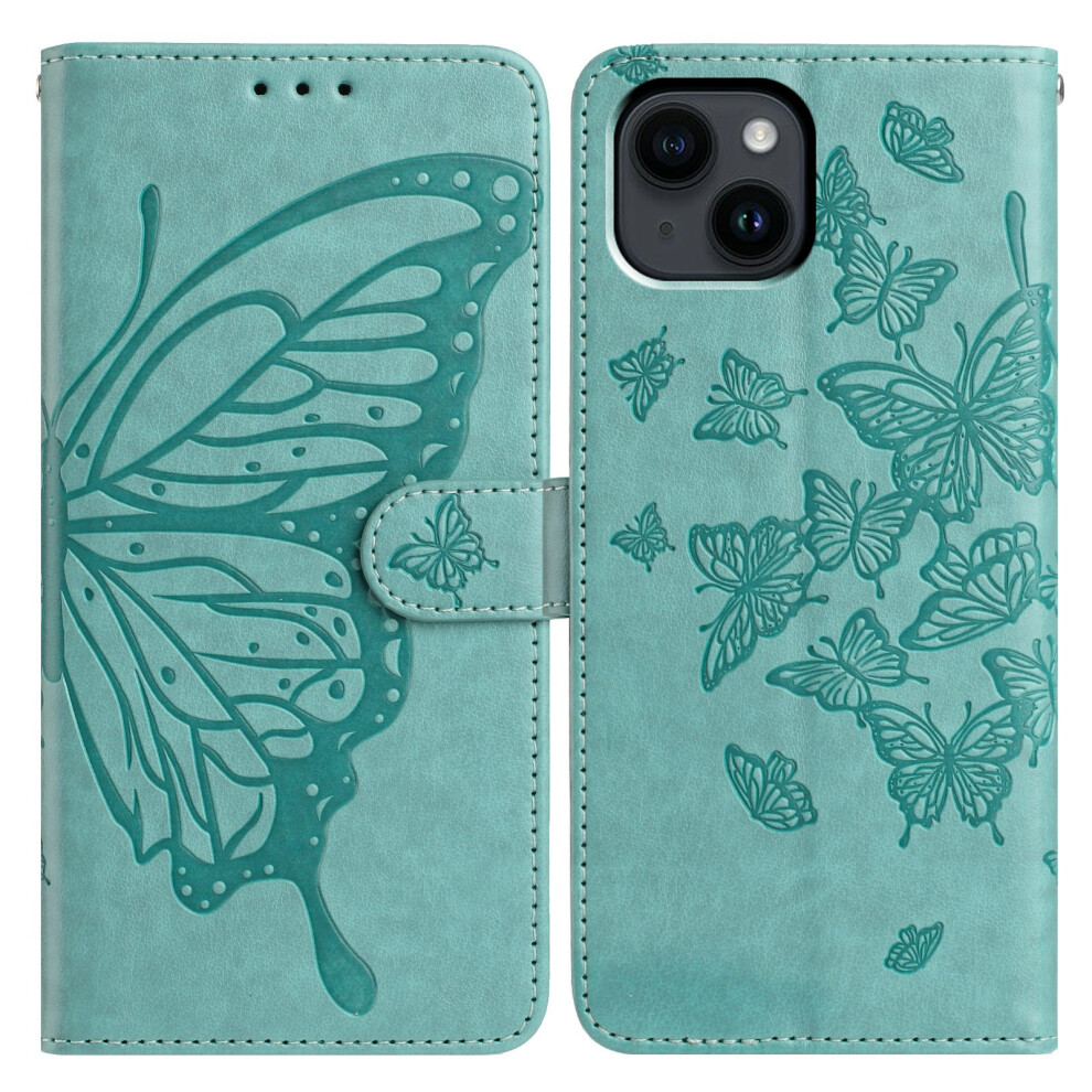 (Iphone 14, ) For Iphone 14 Case Butterfly Imprinted Wallet Stand Pu Leather Flip Phone Cover With Strap Green 6914282944225