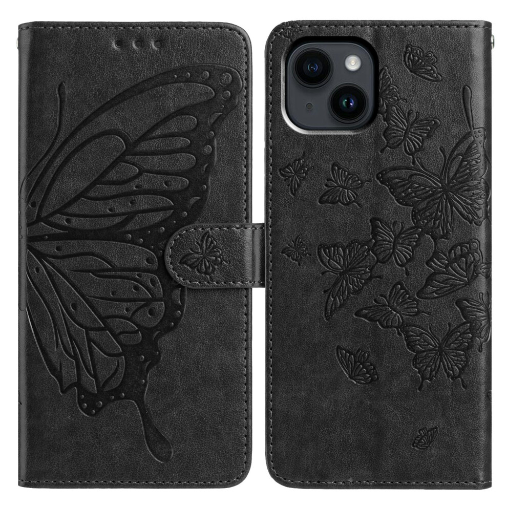 (Iphone 14, ) For Iphone 14 Case Butterfly Imprinted Wallet Stand Pu Leather Flip Phone Cover With Strap Black 6914285722691