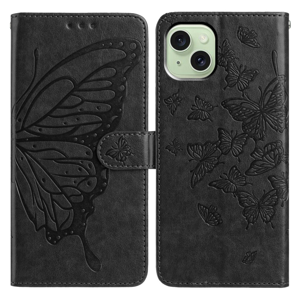 (Iphone 15, ) For Iphone 15 Case Butterfly Imprinted Wallet Stand Pu Leather Flip Phone Cover With Strap Black 6914284024024