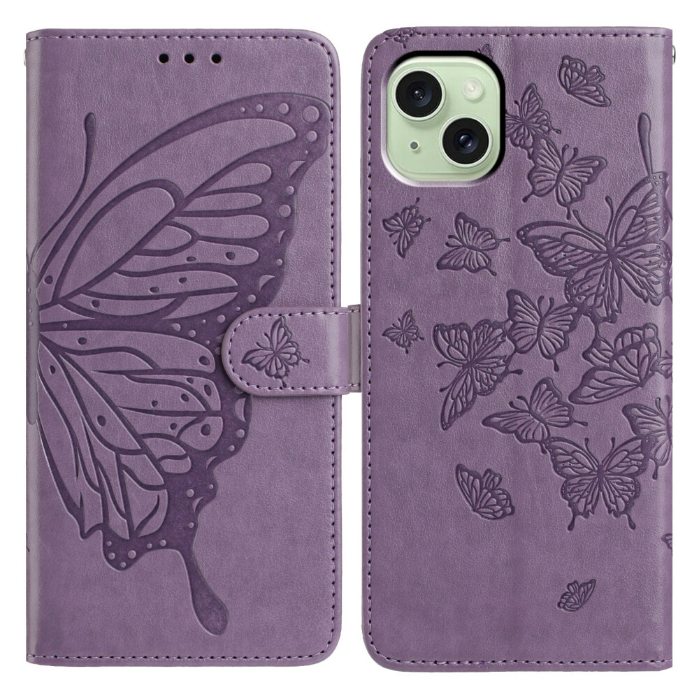 (Iphone 15, ) For Iphone 15 Case Butterfly Imprinted Wallet Stand Pu Leather Flip Phone Cover With Strap Purple 6914283629442