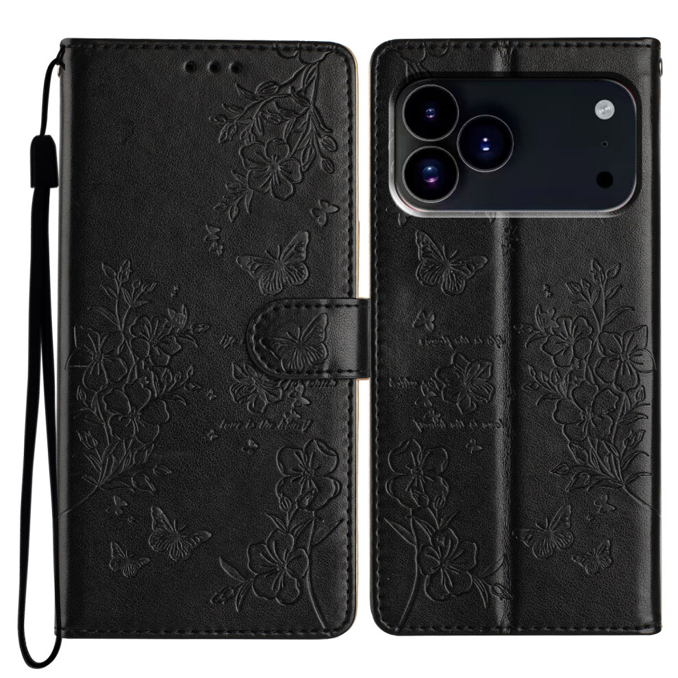 (Iphone 17 Pro, ) For Iphone 17 Pro Wallet Phone Case Butterfly Floral Imprint Leather Flip Cover With Strap Black 6914283309627