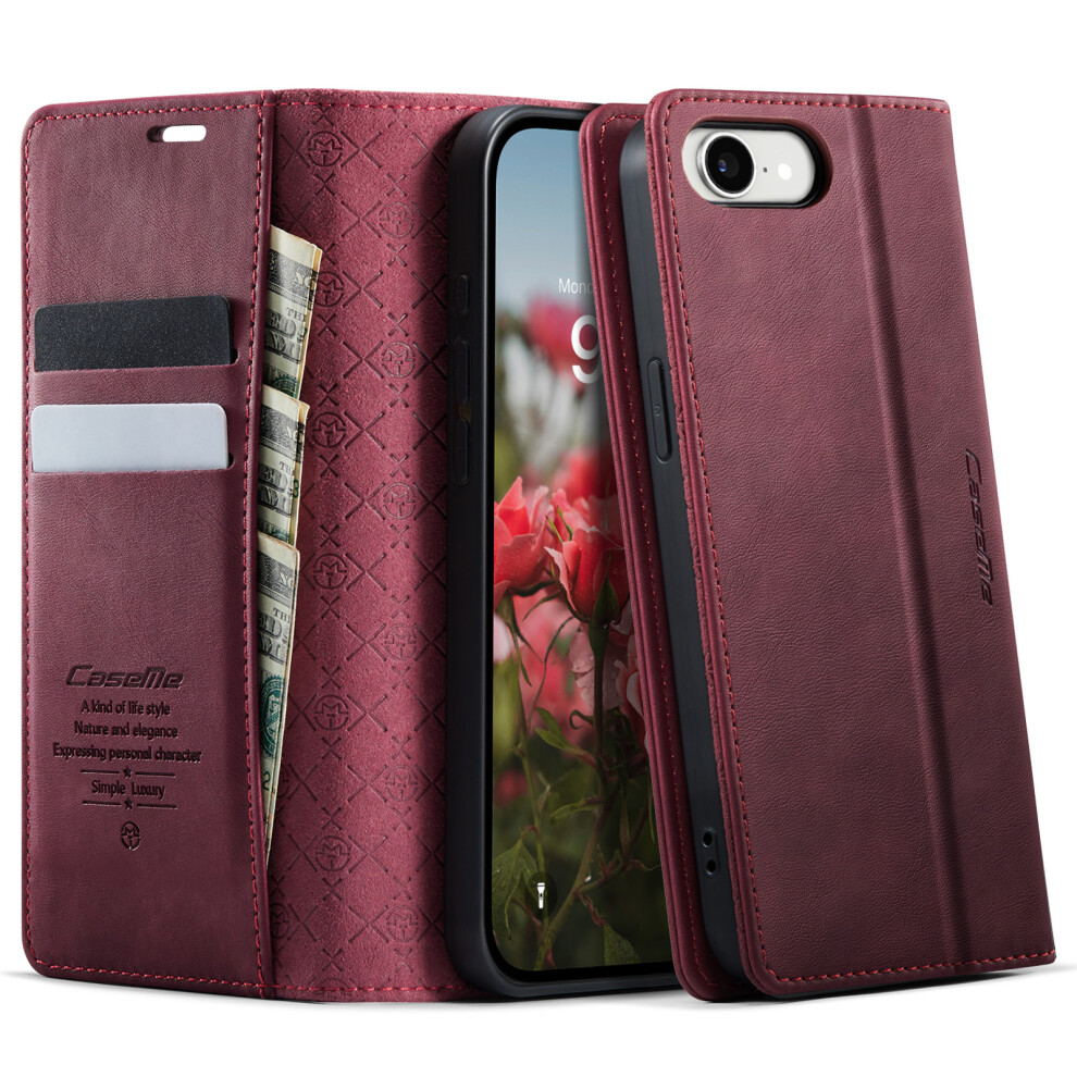 (Iphone 16E, ) Caseme 033 Series For Iphone 16E Case Rfid Blocking Wallet Stand Calf Texture Leather Phone Cover Red 6914287606906